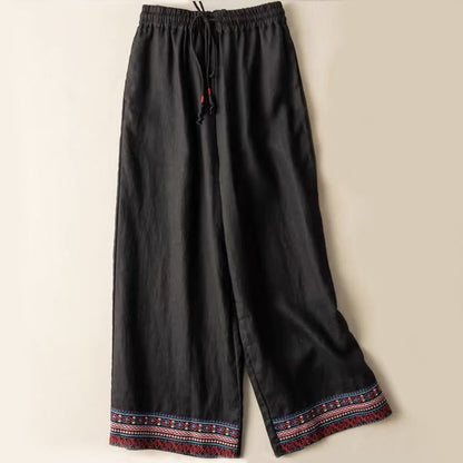 Buddha Stones Plain Bohemian Stripes Women's Wide Leg Cotton Pants With Pockets