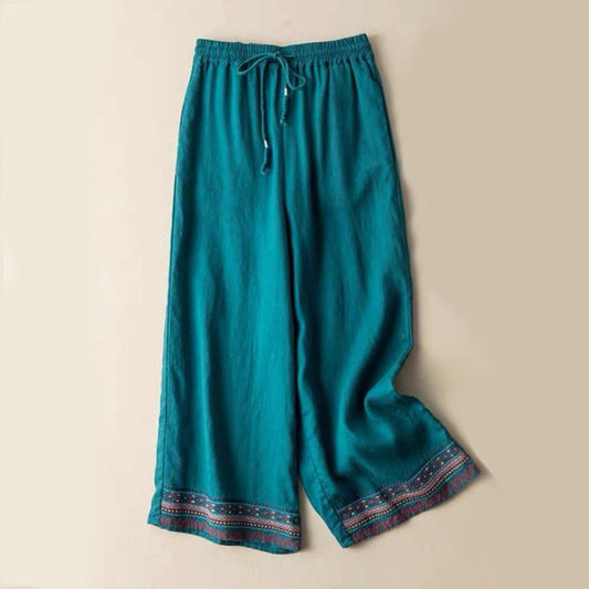 Buddha Stones Plain Bohemian Stripes Women's Wide Leg Cotton Pants With Pockets