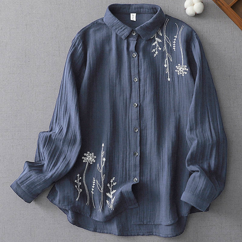 Buddha Stones Fall Dandelion Flower Buttons Long Sleeve Women's Cotton Shirt