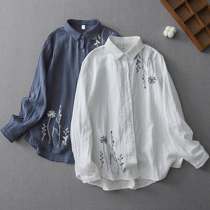 Buddha Stones Fall Dandelion Flower Buttons Long Sleeve Women's Cotton Shirt
