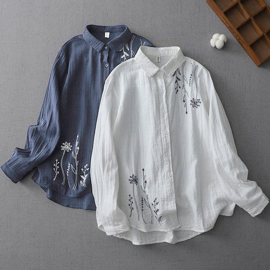 Buddha Stones Fall Dandelion Flower Buttons Long Sleeve Women's Cotton Shirt