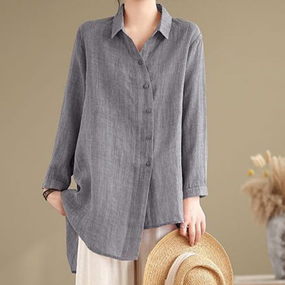 Buddha Stones Irregular Design Buttons Long Sleeve Women's Cotton Shirt