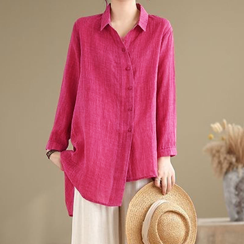 Buddha Stones Irregular Design Buttons Long Sleeve Women's Cotton Shirt