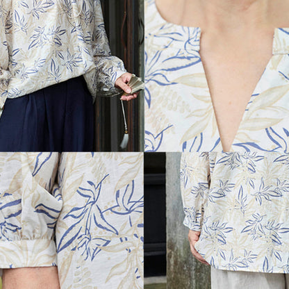 Buddha Stones Blue Beige Flowers Notched Design Long Sleeve Women's Shirt For Older Adults