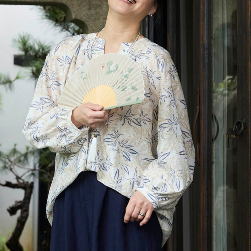 Buddha Stones Blue Beige Flowers Notched Design Long Sleeve Women's Shirt For Older Adults