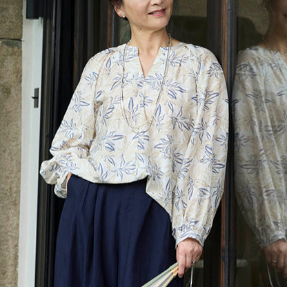Buddha Stones Blue Beige Flowers Notched Design Long Sleeve Women's Shirt For Older Adults