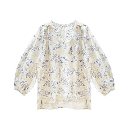 Buddha Stones Blue Beige Flowers Notched Design Long Sleeve Women's Shirt For Older Adults