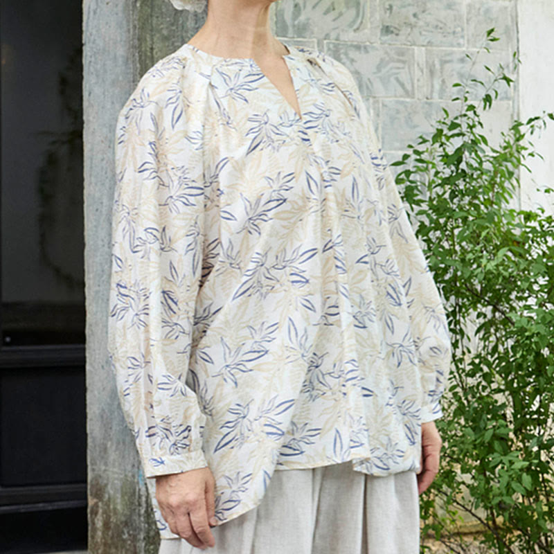 Buddha Stones Blue Beige Flowers Notched Design Long Sleeve Women's Shirt For Older Adults