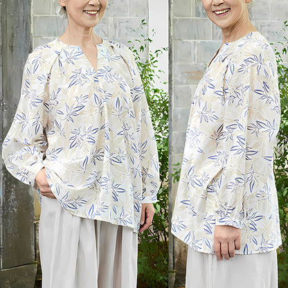 Buddha Stones Blue Beige Flowers Notched Design Long Sleeve Women's Shirt For Older Adults