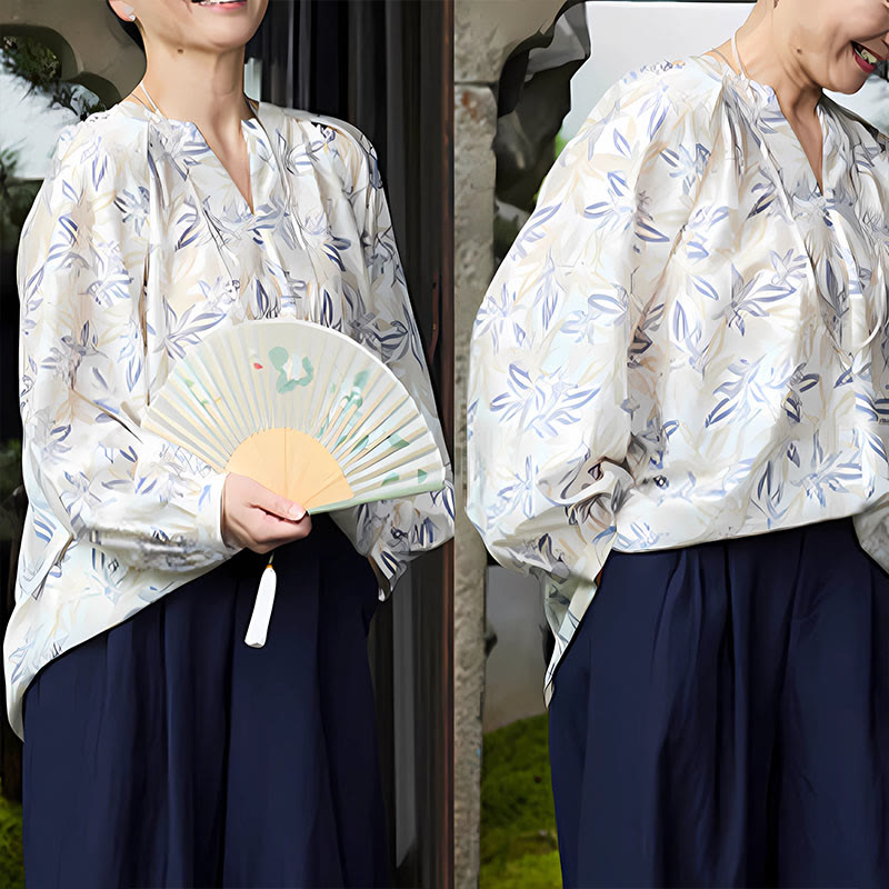 Buddha Stones Blue Beige Flowers Notched Design Long Sleeve Women's Shirt For Older Adults