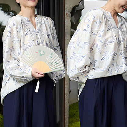 Buddha Stones Blue Beige Flowers Notched Design Long Sleeve Women's Shirt For Older Adults