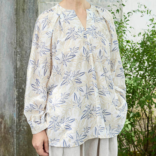 Buddha Stones Blue Beige Flowers Notched Design Long Sleeve Women's Shirt For Older Adults