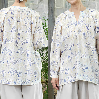 Buddha Stones Blue Beige Flowers Notched Design Long Sleeve Women's Shirt For Older Adults