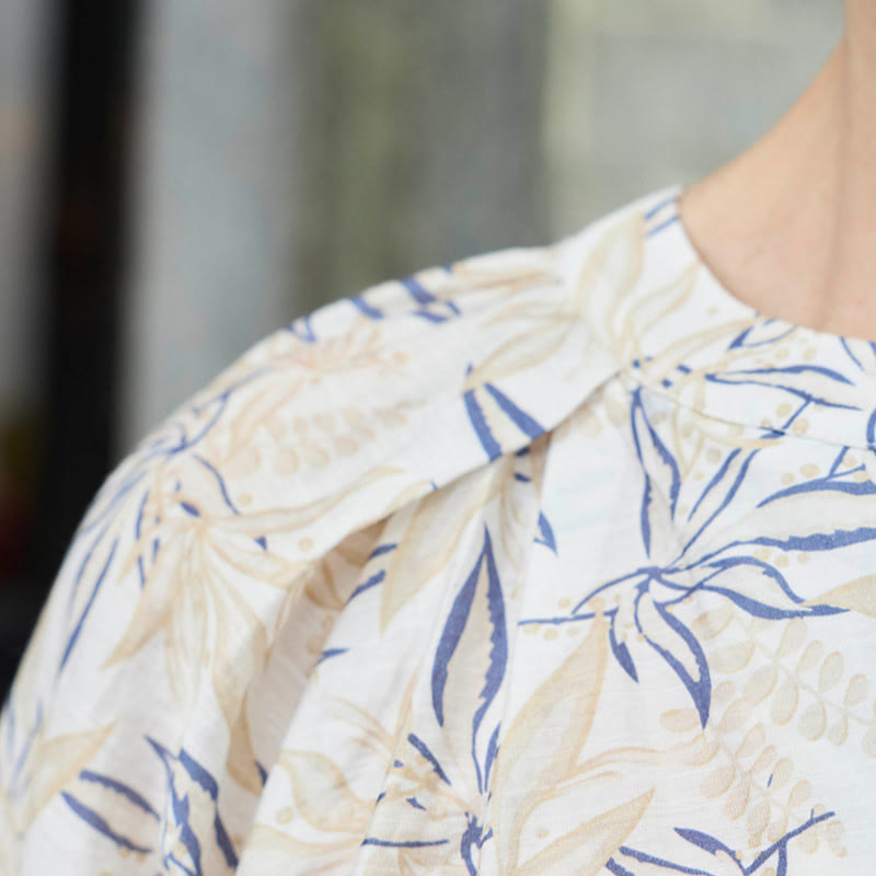 Buddha Stones Blue Beige Flowers Notched Design Long Sleeve Women's Shirt For Older Adults
