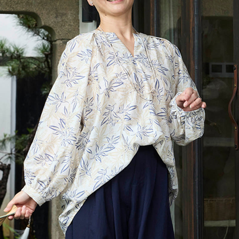 Buddha Stones Blue Beige Flowers Notched Design Long Sleeve Women's Shirt For Older Adults