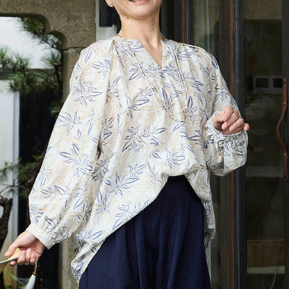 Buddha Stones Blue Beige Flowers Notched Design Long Sleeve Women's Shirt For Older Adults