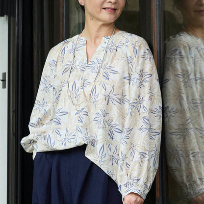 Buddha Stones Blue Beige Flowers Notched Design Long Sleeve Women's Shirt For Older Adults