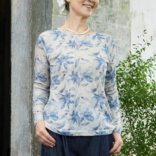 Buddha Stones Fall Blue Floral Women's Long Sleeve T-Shirt  For Older Adults