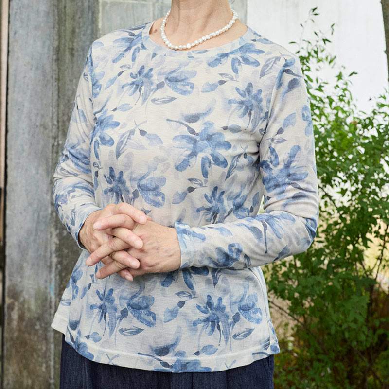 Buddha Stones Fall Blue Floral Women's Long Sleeve T-Shirt  For Older Adults