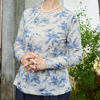 Buddha Stones Fall Blue Floral Women's Long Sleeve T-Shirt  For Older Adults
