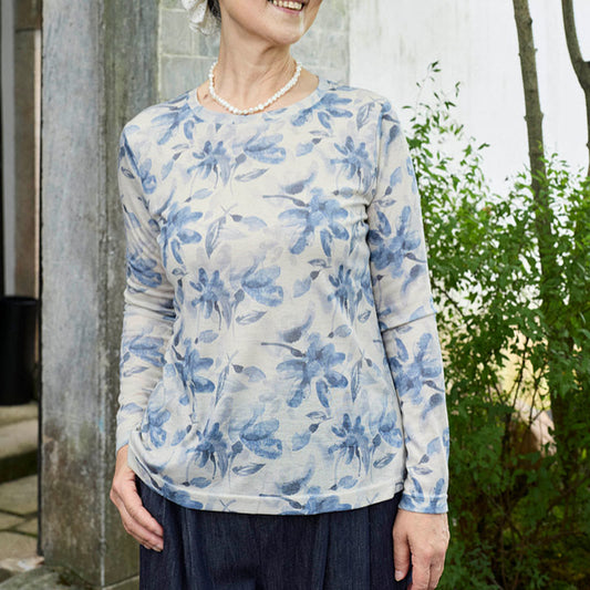 Buddha Stones Fall Blue Floral Women's Long Sleeve T-Shirt  For Older Adults