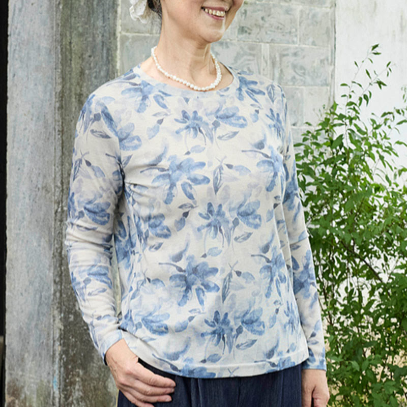 Buddha Stones Fall Blue Floral Women's Long Sleeve T-Shirt  For Older Adults