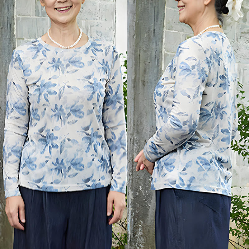 Buddha Stones Fall Blue Floral Women's Long Sleeve T-Shirt  For Older Adults