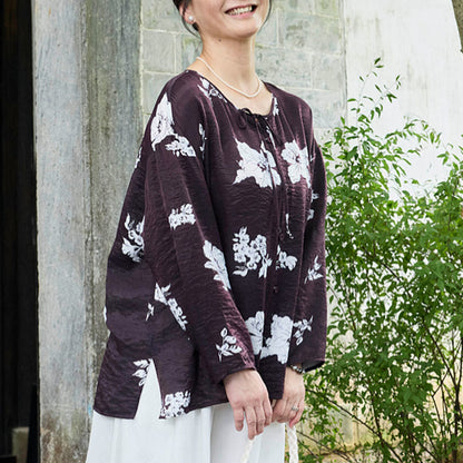 Buddha Stones Black Floral Flowers Lace-Up Buttons Long Sleeve Women's Shirt For Older Adults