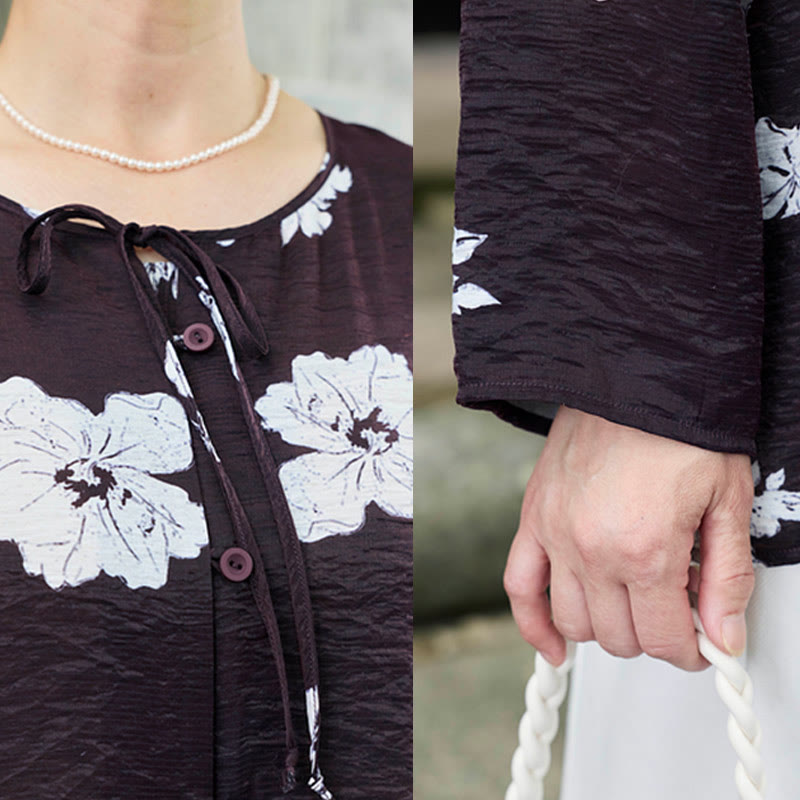 Buddha Stones Black Floral Flowers Lace-Up Buttons Long Sleeve Women's Shirt For Older Adults