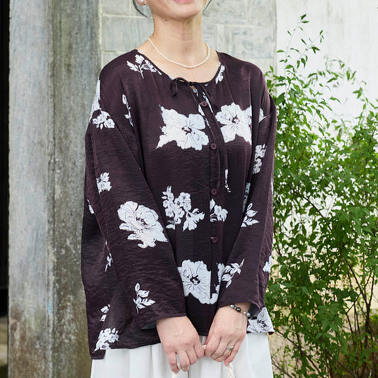 Buddha Stones Black Floral Flowers Lace-Up Buttons Long Sleeve Women's Shirt For Older Adults