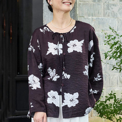 Buddha Stones Black Floral Flowers Lace-Up Buttons Long Sleeve Women's Shirt For Older Adults