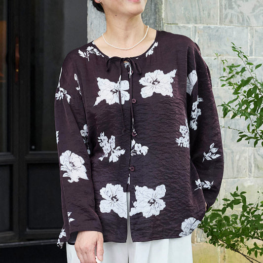 Buddha Stones Black Floral Flowers Lace-Up Buttons Long Sleeve Women's Shirt For Older Adults