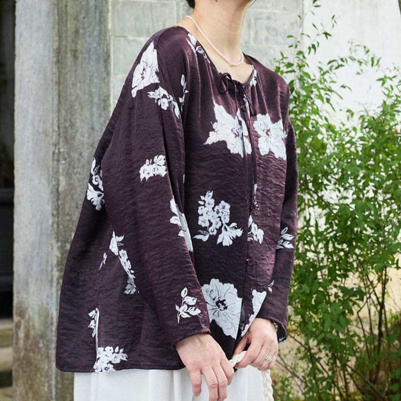 Buddha Stones Black Floral Flowers Lace-Up Buttons Long Sleeve Women's Shirt For Older Adults