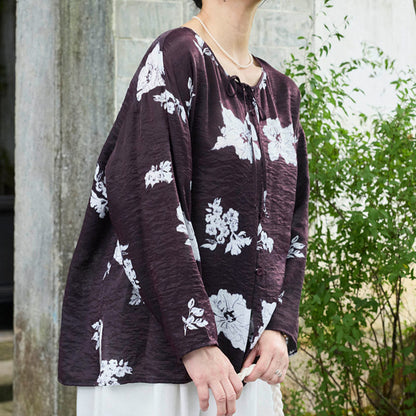 Buddha Stones Black Floral Flowers Lace-Up Buttons Long Sleeve Women's Shirt For Older Adults