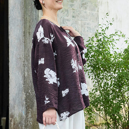 Buddha Stones Black Floral Flowers Lace-Up Buttons Long Sleeve Women's Shirt For Older Adults