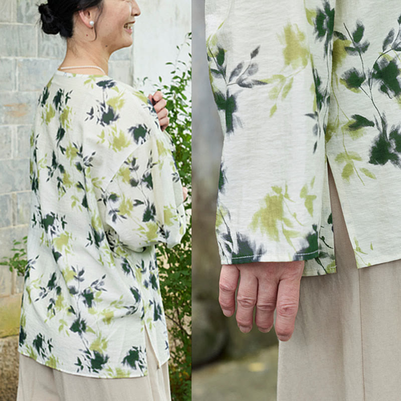 Buddha Stones Green Floral Leaves Lace-Up Buttons Long Sleeve Women's Shirt For Older Adults