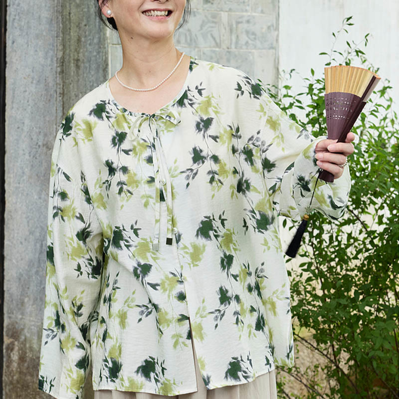 Buddha Stones Green Floral Leaves Lace-Up Buttons Long Sleeve Women's Shirt For Older Adults