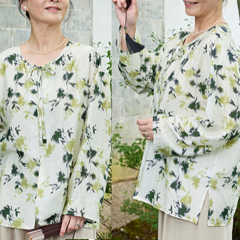 Buddha Stones Green Floral Leaves Lace-Up Buttons Long Sleeve Women's Shirt For Older Adults