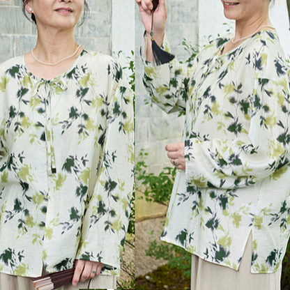 Buddha Stones Green Floral Leaves Lace-Up Buttons Long Sleeve Women's Shirt For Older Adults