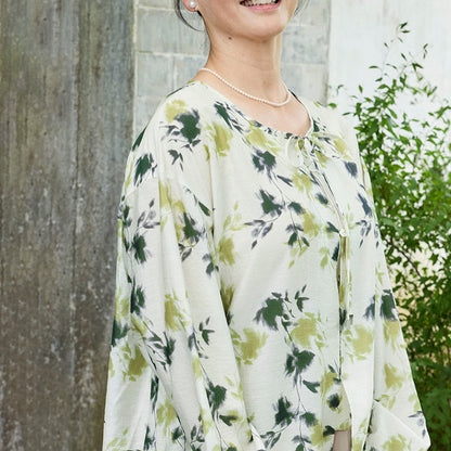 Buddha Stones Green Floral Leaves Lace-Up Buttons Long Sleeve Women's Shirt For Older Adults