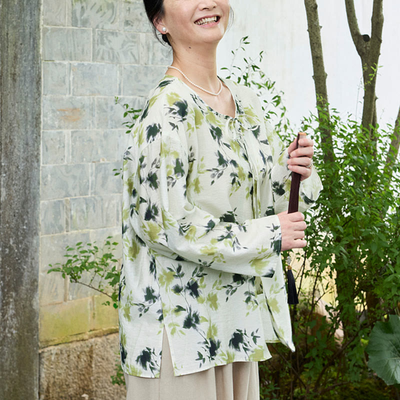 Buddha Stones Green Floral Leaves Lace-Up Buttons Long Sleeve Women's Shirt For Older Adults