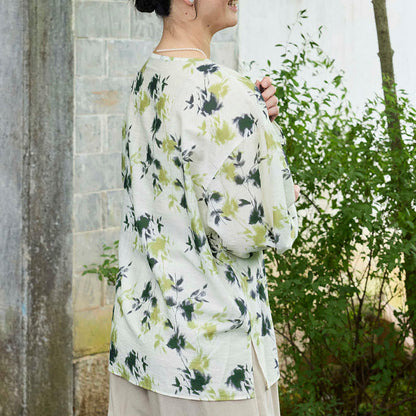 Buddha Stones Green Floral Leaves Lace-Up Buttons Long Sleeve Women's Shirt For Older Adults