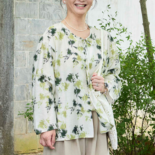 Buddha Stones Green Floral Leaves Lace-Up Buttons Long Sleeve Women's Shirt For Older Adults