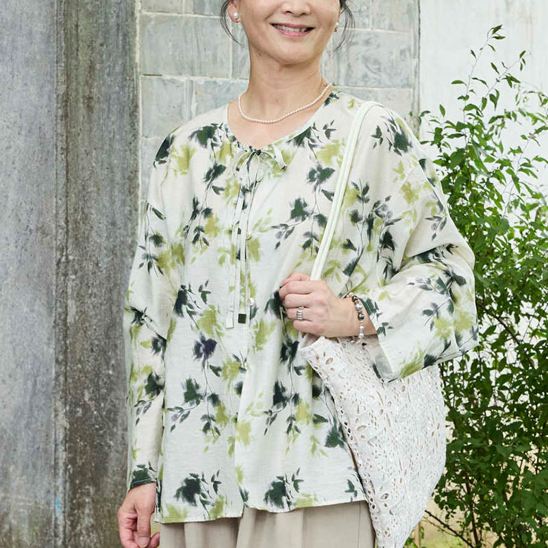 Buddha Stones Green Floral Leaves Lace-Up Buttons Long Sleeve Women's Shirt For Older Adults