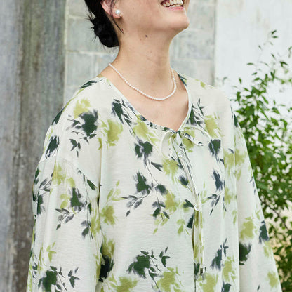 Buddha Stones Green Floral Leaves Lace-Up Buttons Long Sleeve Women's Shirt For Older Adults