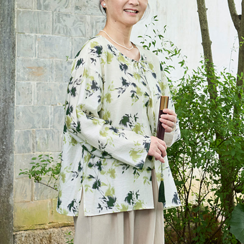 Buddha Stones Green Floral Leaves Lace-Up Buttons Long Sleeve Women's Shirt For Older Adults