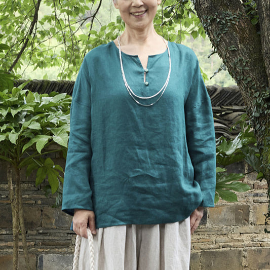 Buddha Stones Solid Color Linen Long Sleeve Women's Shirt For Older Adults