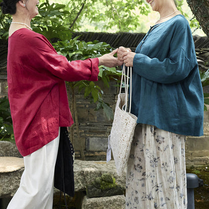 Buddha Stones Solid Color Linen Long Sleeve Women's Shirt For Older Adults