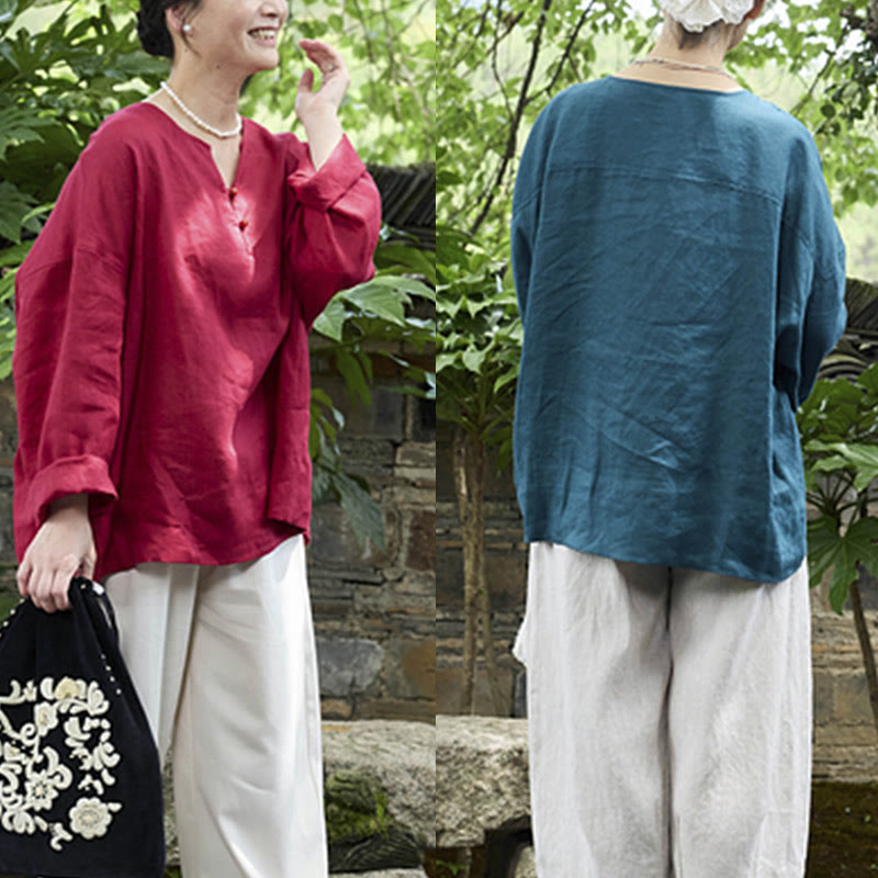 Buddha Stones Solid Color Linen Long Sleeve Women's Shirt For Older Adults