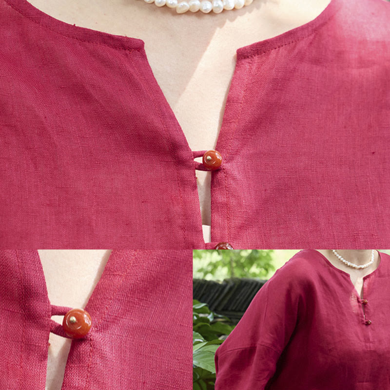 Buddha Stones Solid Color Linen Long Sleeve Women's Shirt For Older Adults
